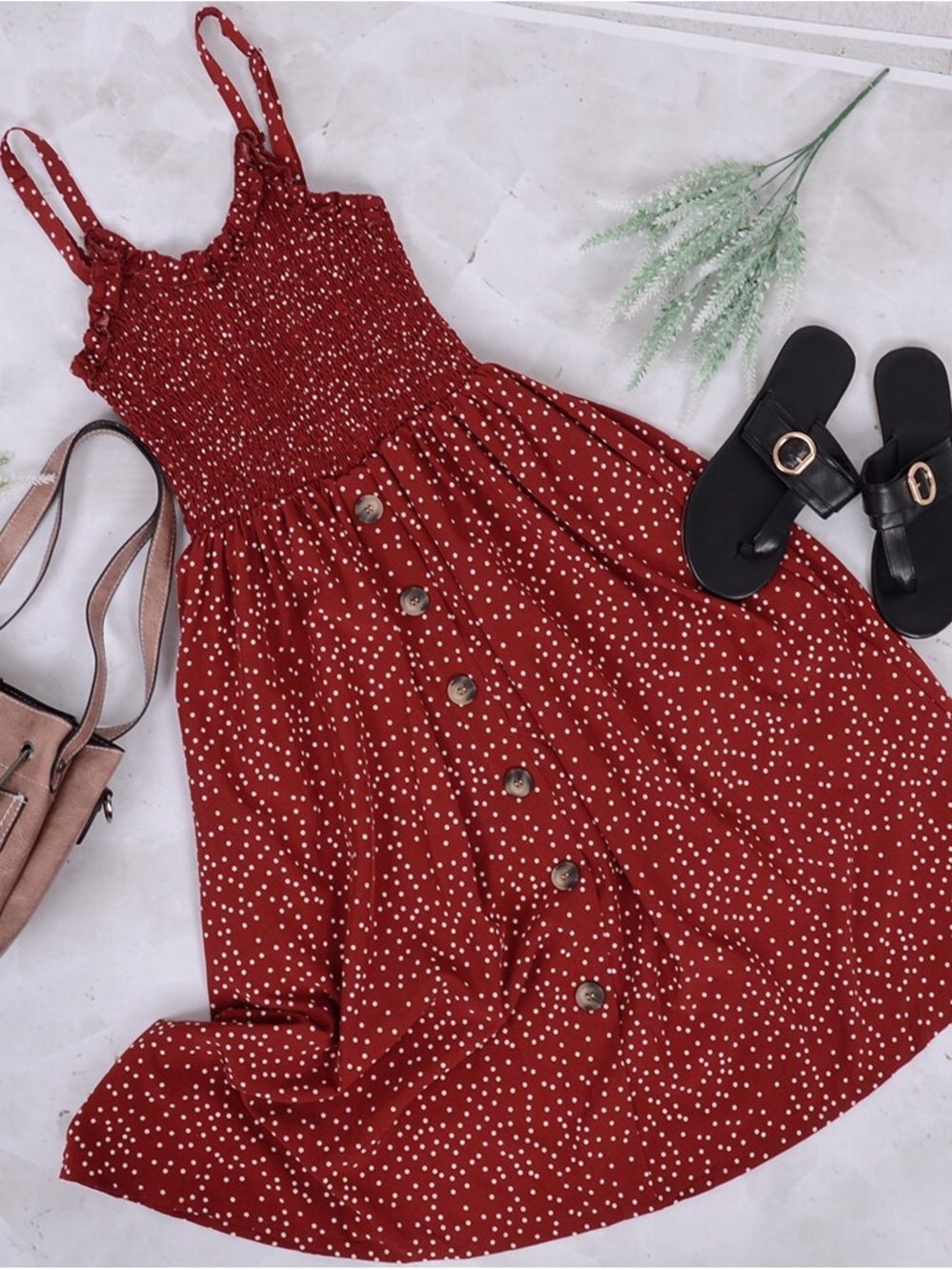 Red Polka Dot Midi Sundress with Button Front - Picture 4 of 16